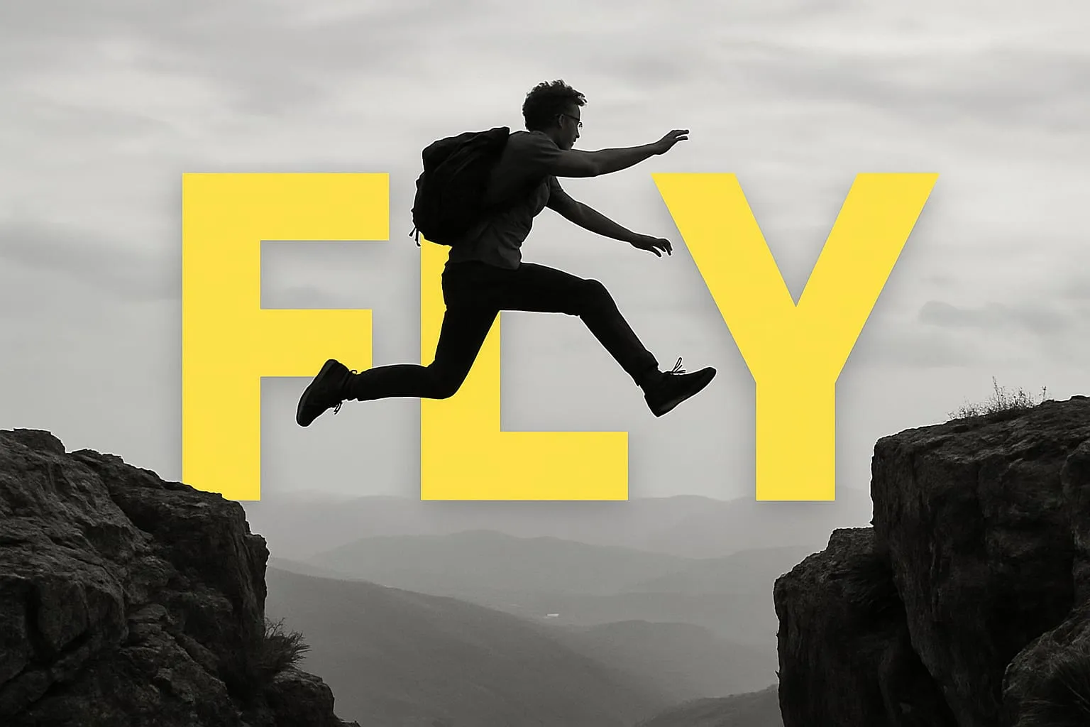 Person jumping with FLY text behind image effect - Motivational content design